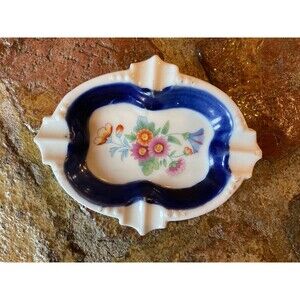 Hand Painted White and Blue Floral Ashtray - Made In Japan